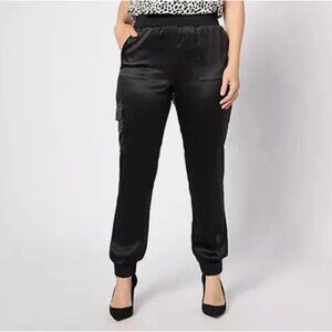 LOGO Lori Goldstein Satin Cargo Pant Rib Waistband-Black-2X-NEW-A629608
